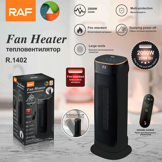 Promotieafbeelding van de 2000W ventilatorkachel met verpakking, afstandsbediening en informatie over functies zoals multi-bescherming, grote ventilatieopeningen en brandvertragende materialen