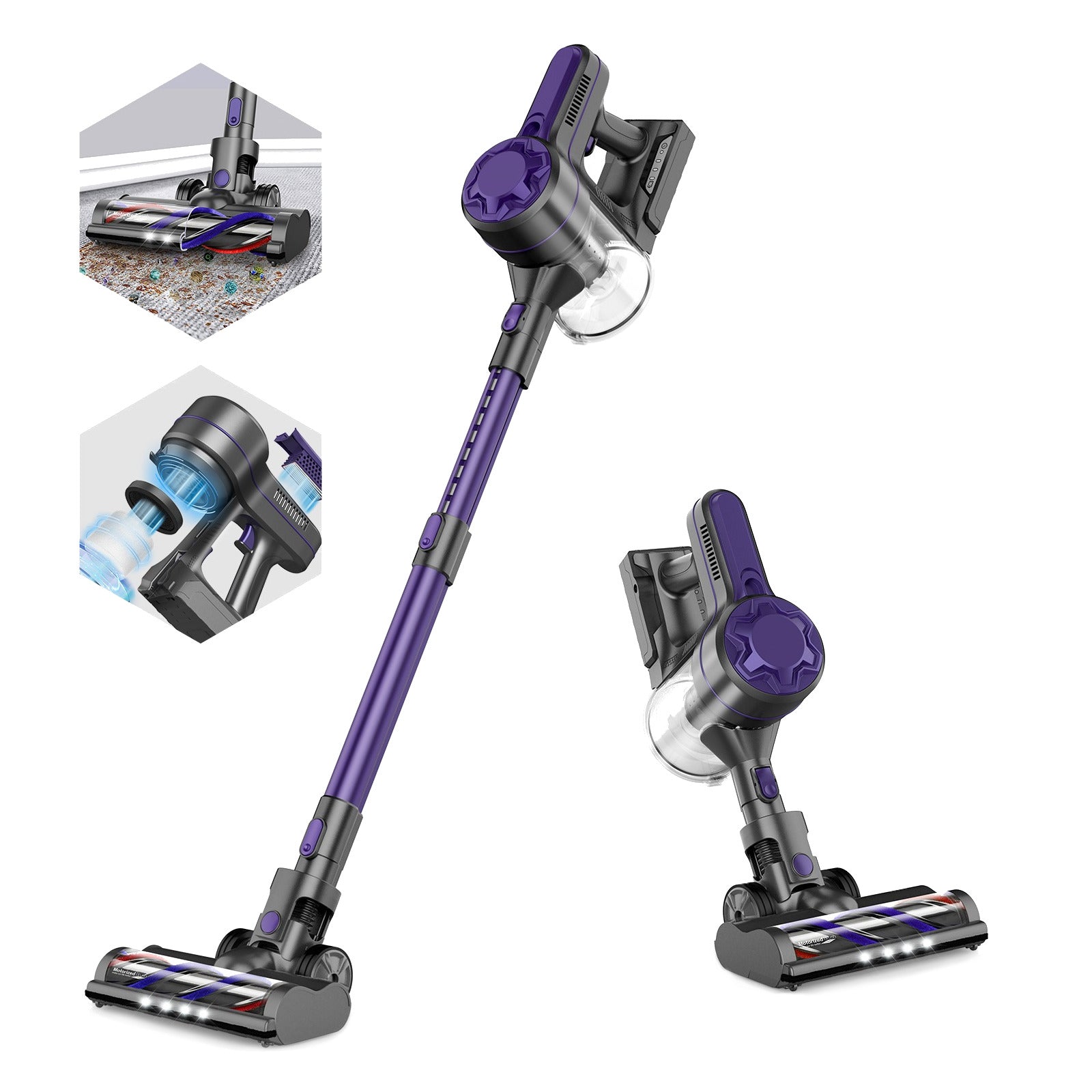 4-in-1 steelstofzuiger in verlengde en verkorte vorm, met close-up van de borstel en vuilcontainer details zichtbaar.