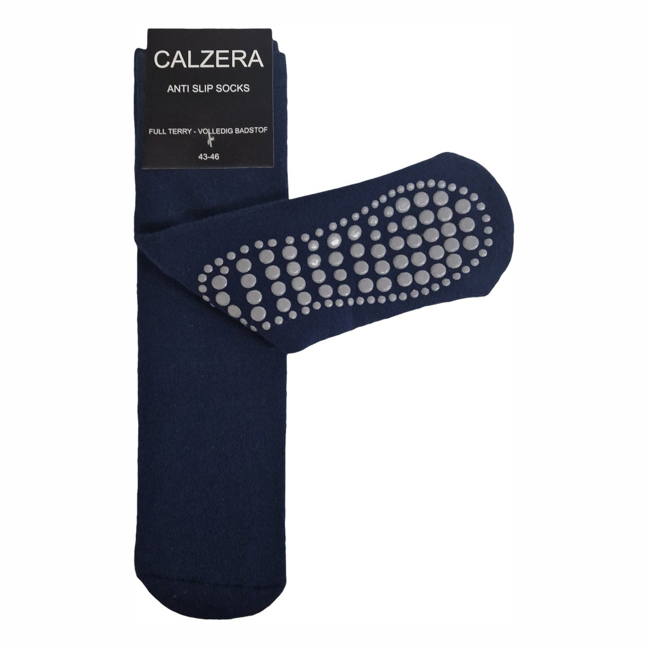 Blauwe Calzera antislip sok met zichtbaar label, geplaatst met de voet naar rechts, waarbij het ABS-materiaal aan de onderkant goed zichtbaar is voor optimale grip.