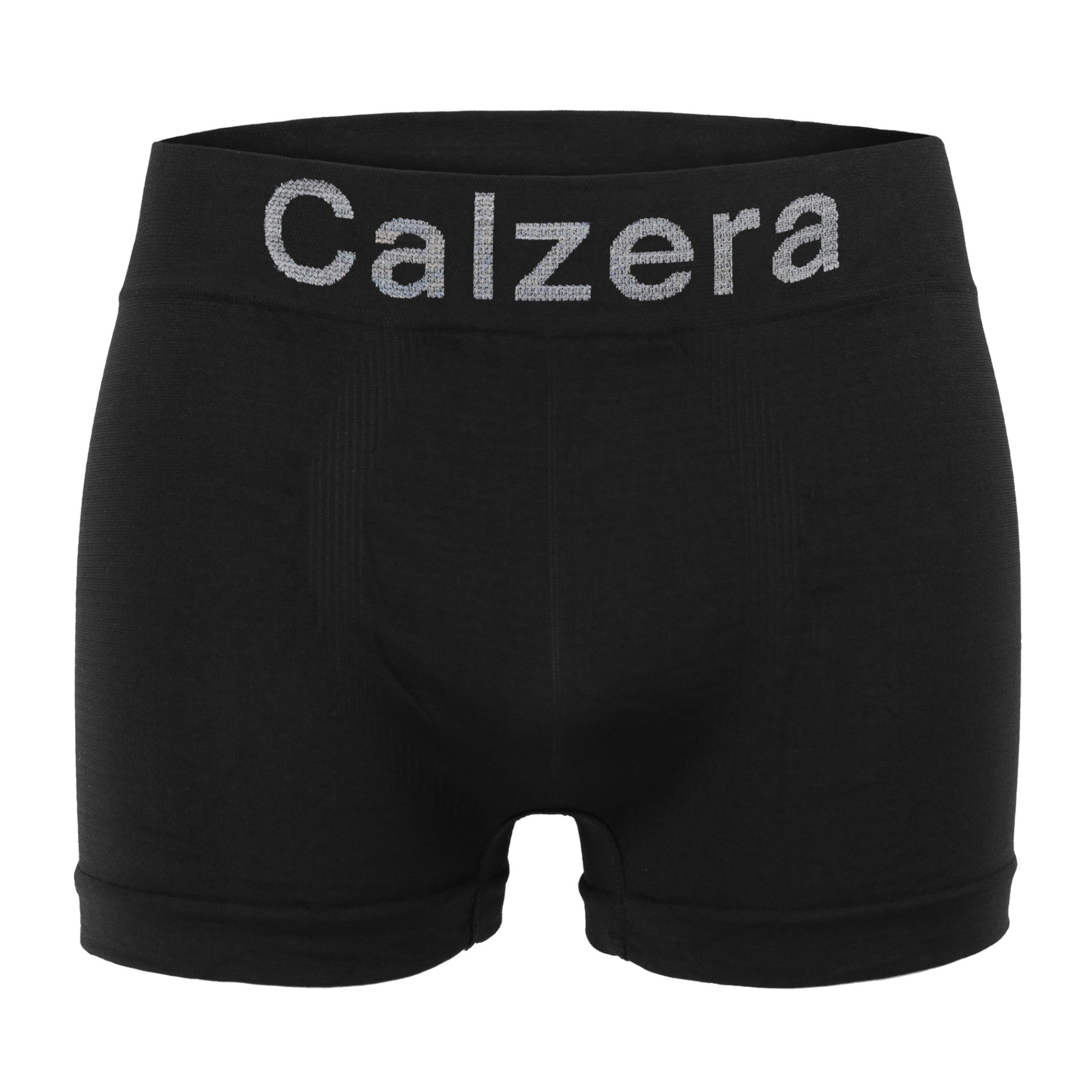 Dichtbijzicht van Calzera naadloze heren boxershorts met elastische tailleband, zwart design voor optimaal comfort.