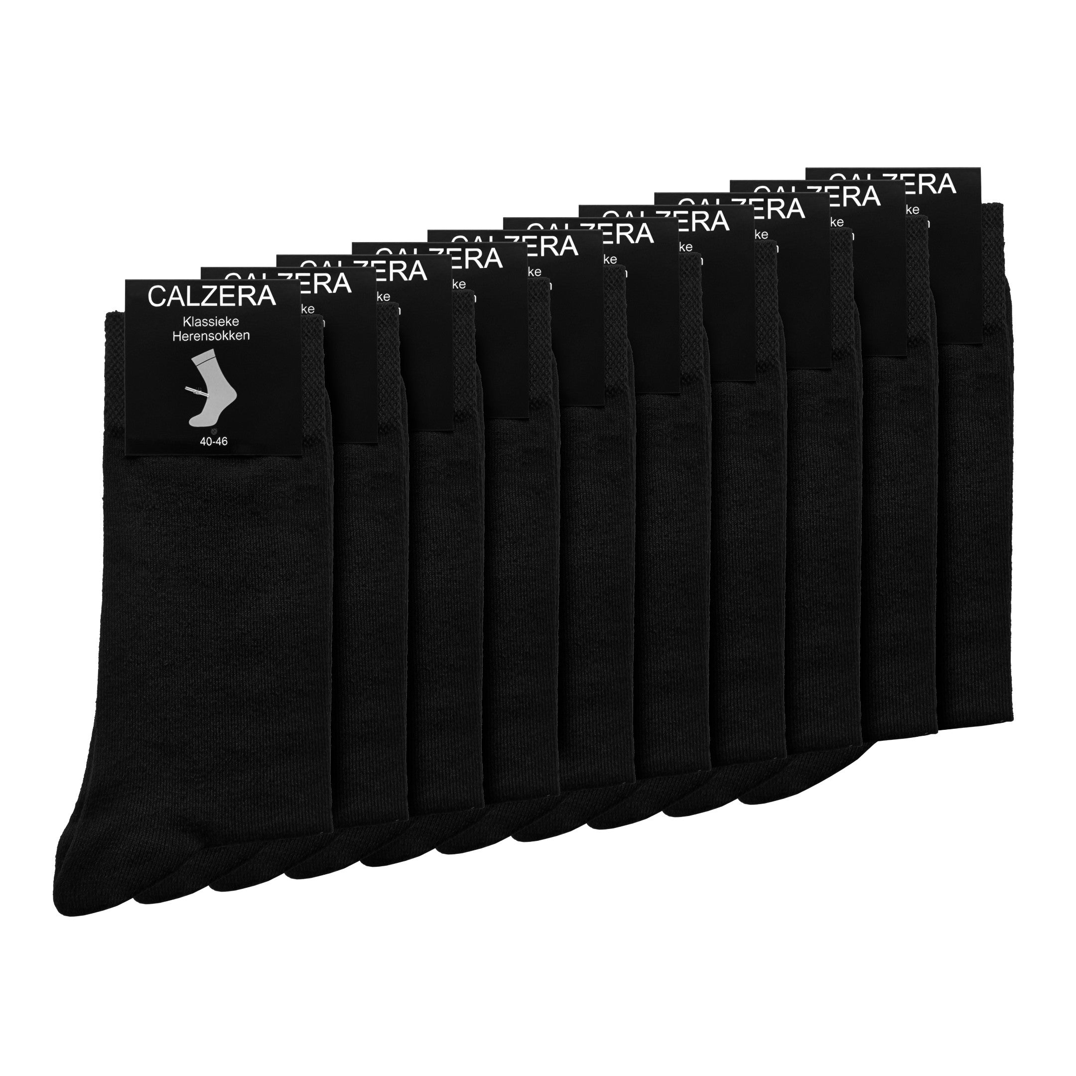 Set van 10 zwarte Calzera Klassieke Herensokken, naast elkaar weergegeven met labels zichtbaar, ontworpen voor ultiem comfort en stijl, ideaal voor dagelijks gebruik.