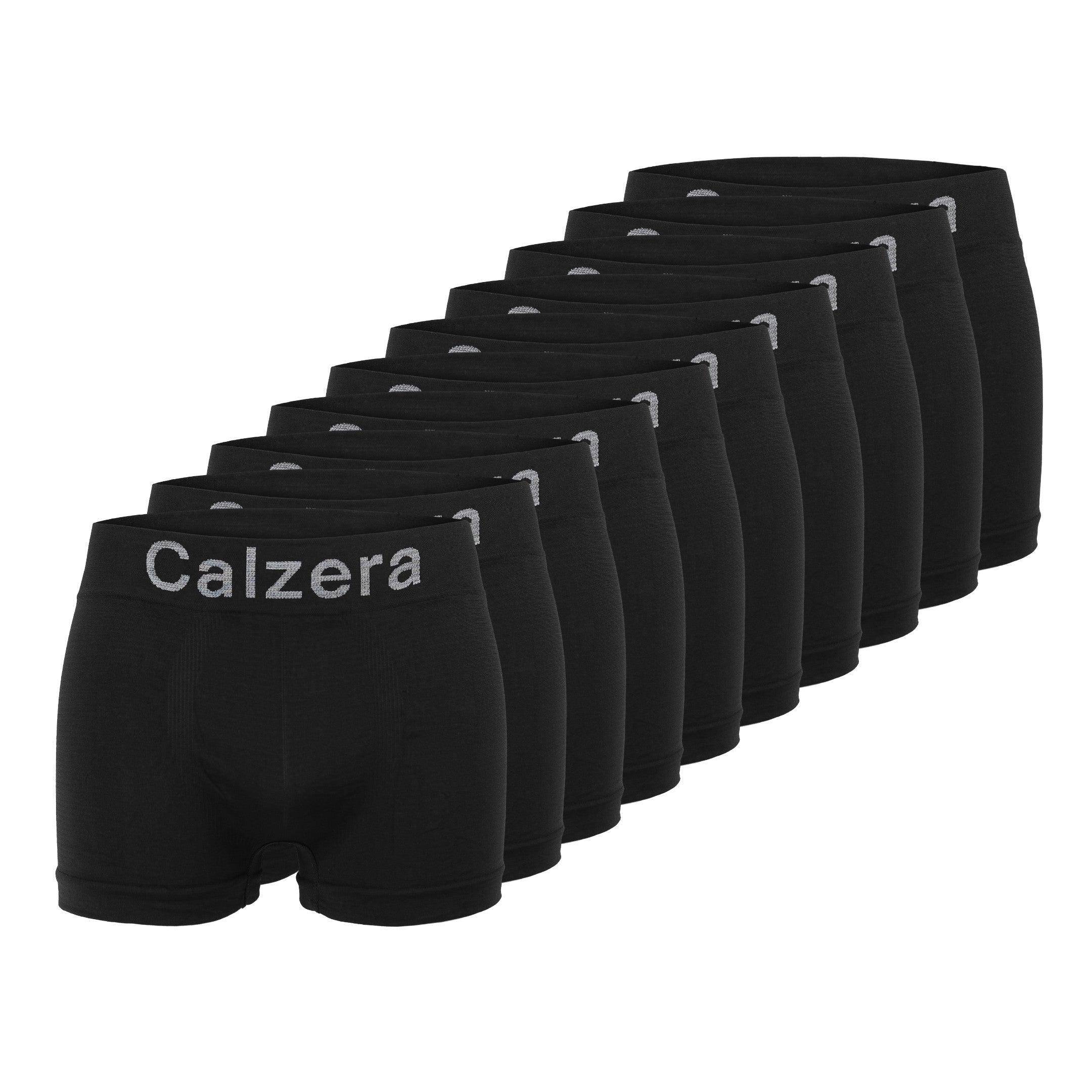 Set van 10 zwarte Calzera naadloze heren boxershorts op een witte achtergrond, ideaal voor dagelijks gebruik.