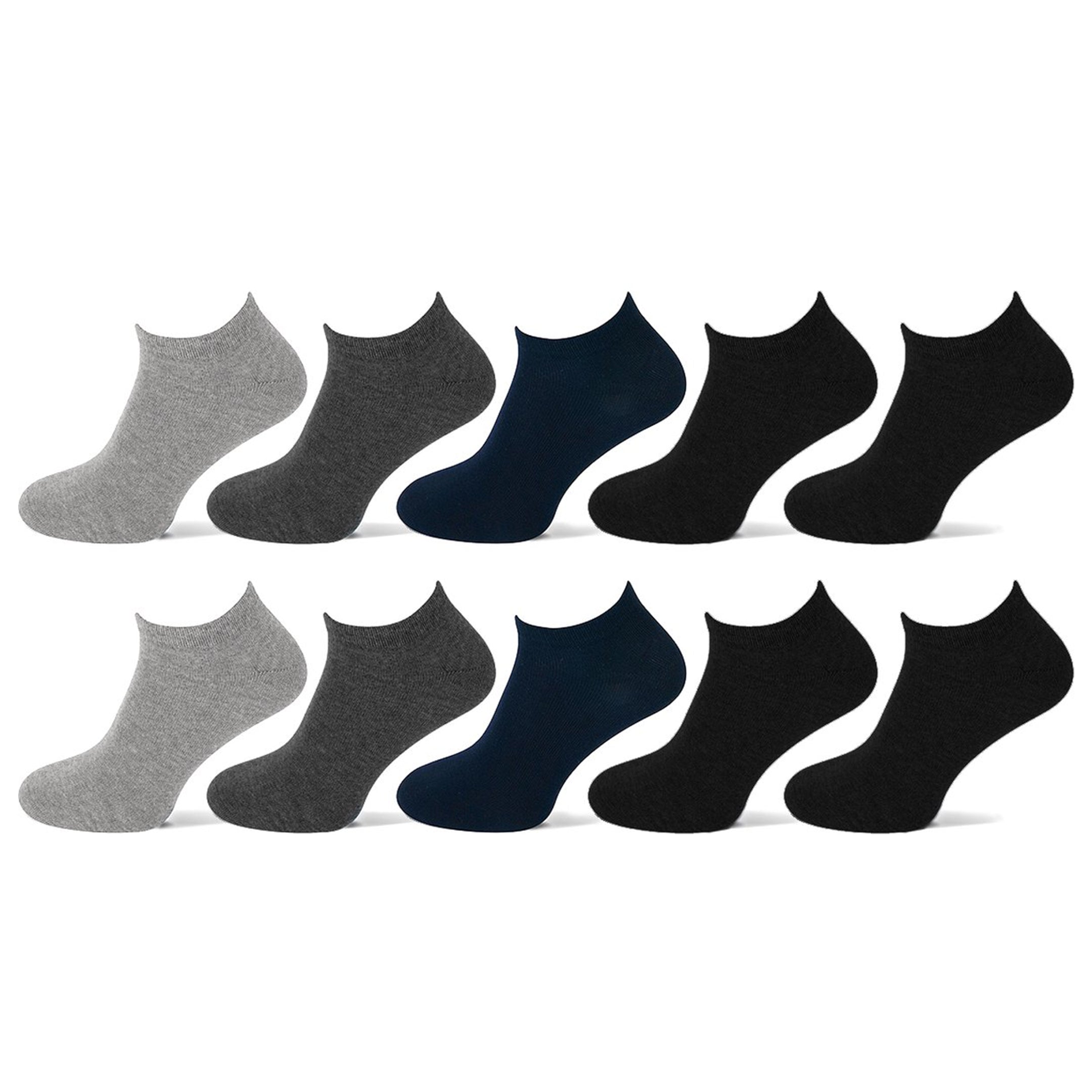 Set van 10 Calzera Sneakersokken, gerangschikt in twee rijen van vijf sokken op een witte achtergrond. De kleuren omvatten grijs, antraciet, blauw en zwart, met een lage enkelsnit en ontworpen voor comfort en stijl, ideaal voor dagelijks gebruik.