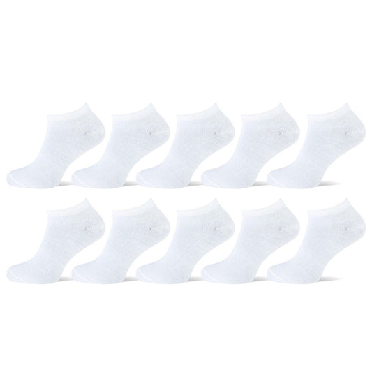 Set van 10 Calzera Sneakersokken in wit, gerangschikt in twee rijen van vijf sokken op een witte achtergrond. Ontworpen met een lage enkelsnit voor comfort en stijl, ideaal voor dagelijks gebruik.