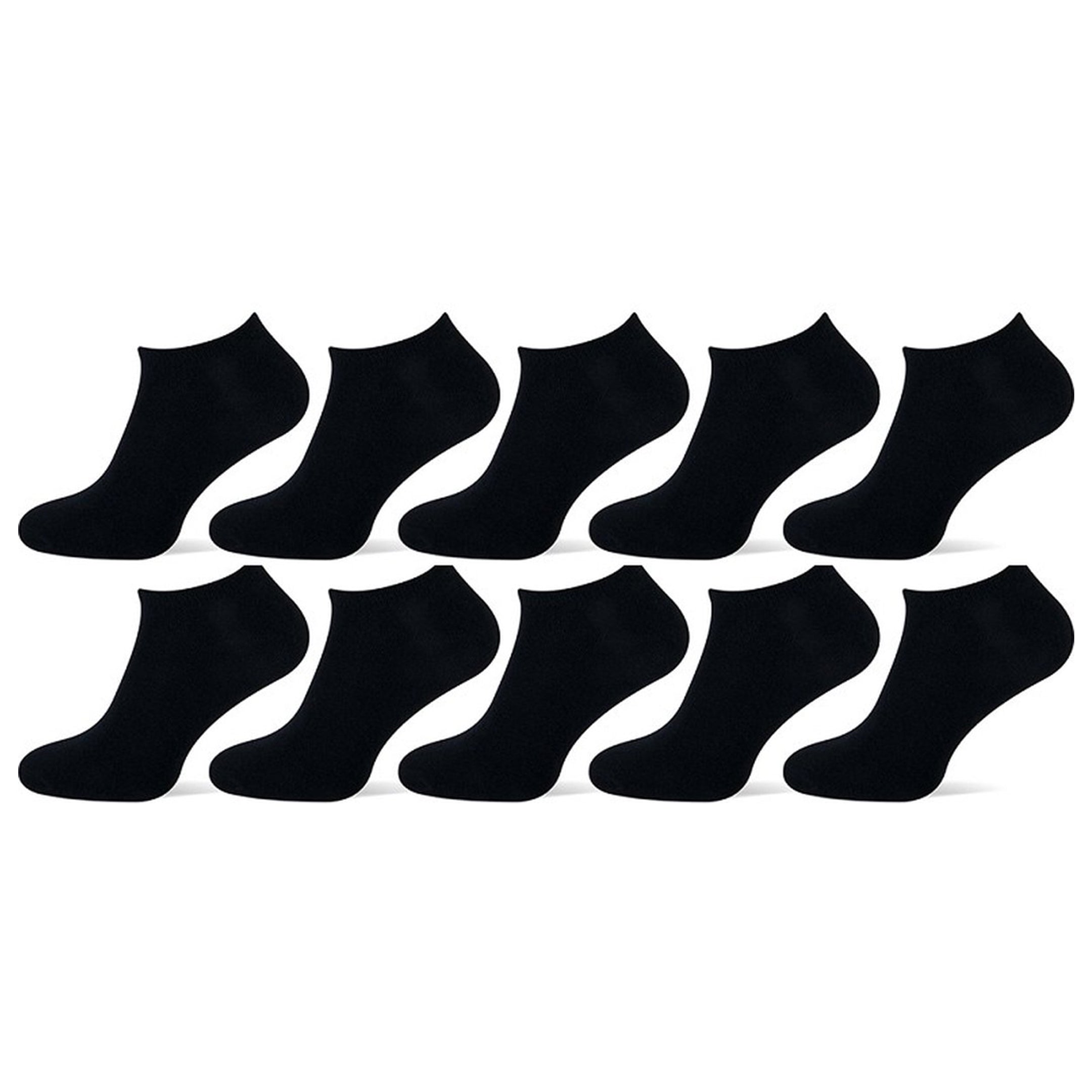 Set van 10 Calzera Sneakersokken in zwart, gerangschikt in twee rijen van vijf sokken op een witte achtergrond. Ontworpen met een lage enkelsnit voor comfort en stijl, ideaal voor dagelijks gebruik.