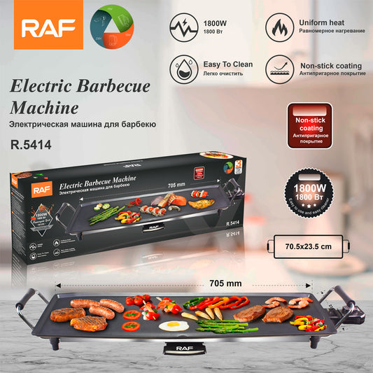 Elektrische Teppanyaki barbecue met productdoos, specificaties zoals 1800W vermogen, non-stick coating en een groot grilloppervlak van 70,5 x 23,5 cm, geschikt voor meerdere personen