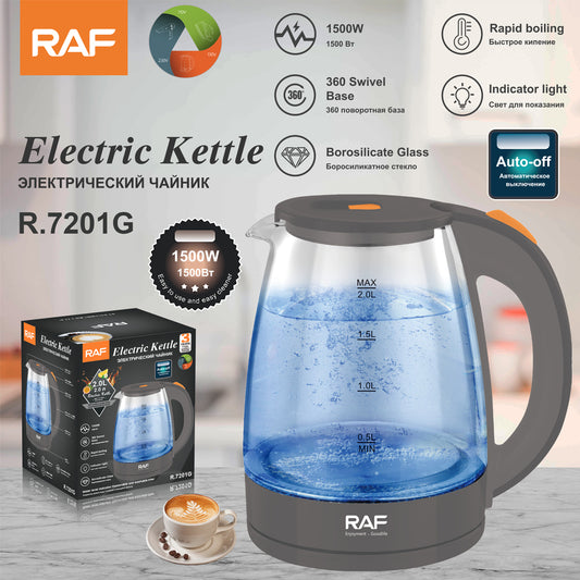 Specificaties en verpakking van de grijze glazen RAF waterkoker met 1500W vermogen, 360° draaibare basis en automatische uitschakeling