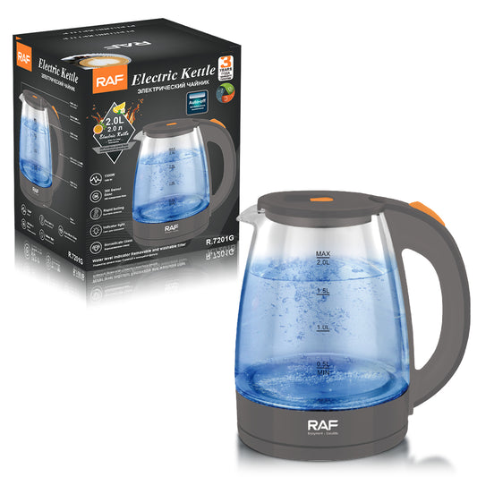 Grijze glazen waterkoker van RAF met verpakking, geschikt voor 2 liter water en voorzien van een stijlvol design