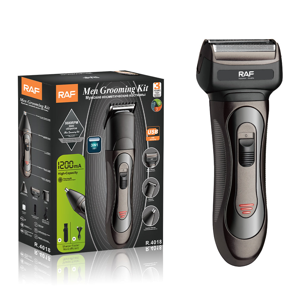 Complete men grooming kit inclusief trimmer en opzetstukken, verpakt in een stijlvolle doos met specificaties zoals 8600 RPM motor en 1200 mA batterij