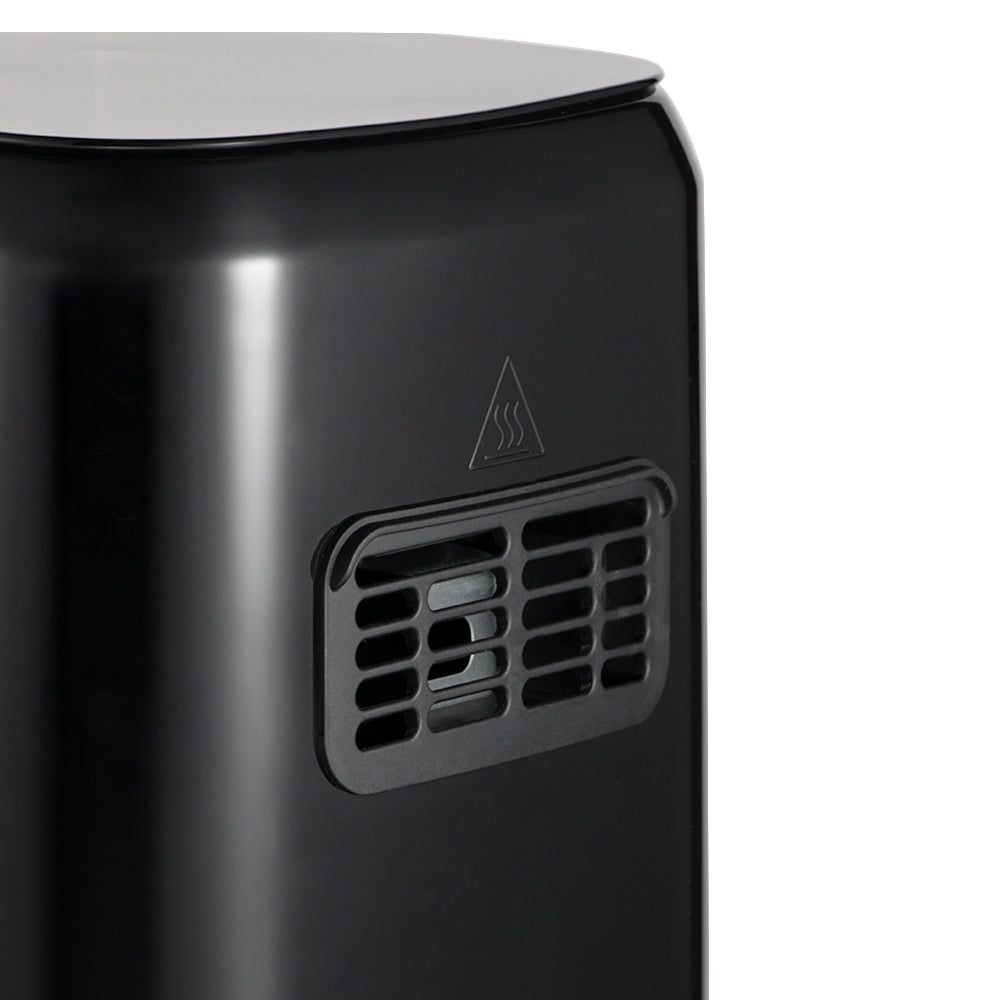 Achterkant van de RAF Air Fryer 3L in zwart, toont de ventilatieopeningen en het strakke, moderne ontwerp voor optimale luchtcirculatie.