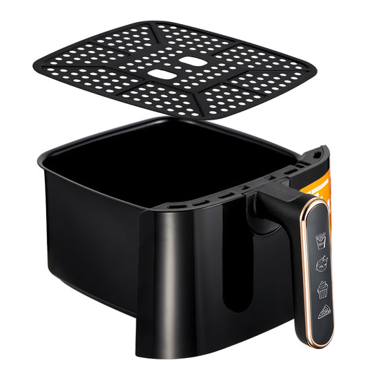 Close-up van de uitneembare bak van de RAF Air Fryer 3L in zwart, toont het non-stick oppervlak en het ruime ontwerp voor het bereiden van voedsel.