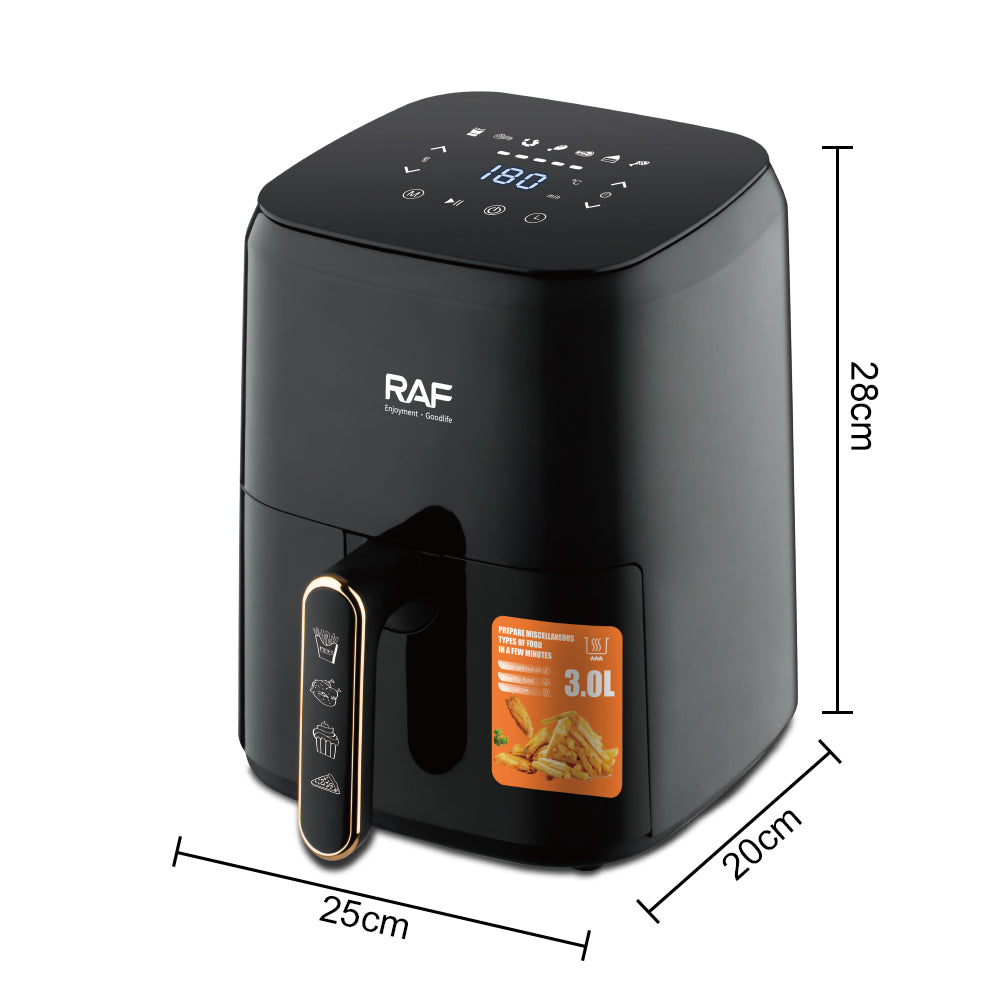 Dimensies van de RAF Air Fryer 3L in zwart, toont de afmetingen voor een duidelijk overzicht van de grootte en geschiktheid voor je keuken.