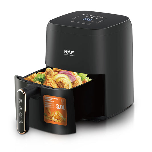 RAF Air Fryer 3L in zwart, ideaal voor gezond koken met hete luchttechnologie en een capaciteit van 3 liter, perfect voor gezinnen.