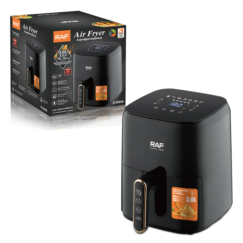 Verpakking van de RAF Air Fryer 3L in zwart, toont het product en de belangrijkste kenmerken op de doos voor aantrekkelijke presentatie.