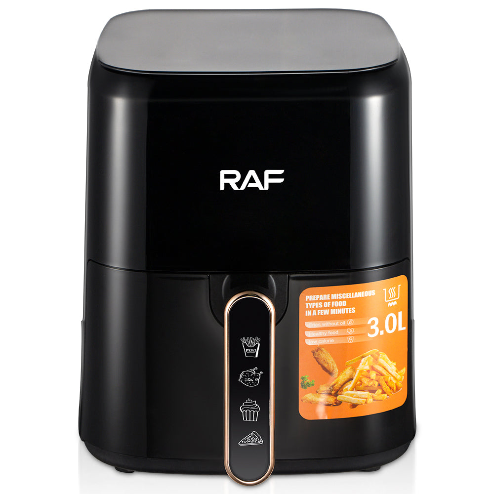 Vooraanzicht van de RAF Air Fryer 3L in zwart, toont het stijlvolle ontwerp en de gebruiksvriendelijke bedieningselementen.