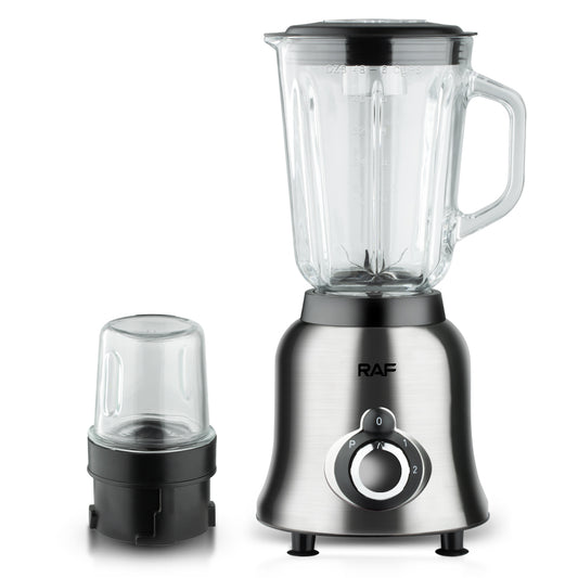 RAF Blender met glazen mengbeker en een extra bijlage in de vorm van een hakmolen of koffiemolen, naast elkaar geplaatst