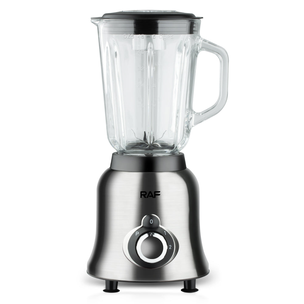 Volledige weergave van de RAF Elektrische Blender met een glazen mengbeker en bedieningsknop met standen P, 0, 1 en 2