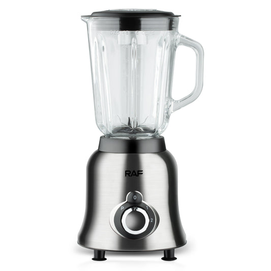 Volledige weergave van de RAF Elektrische Blender met een glazen mengbeker en bedieningsknop met standen P, 0, 1 en 2