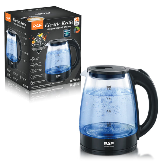 RAF Elektrische Glazen Waterkoker met 2 liter inhoud en blauwe LED-verlichting, afgebeeld met productverpakking