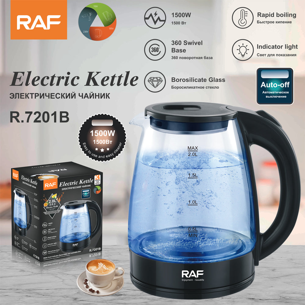 RAF elektrische glazen waterkoker van 2 liter met 1500W vermogen, blauwe LED-verlichting en automatische uitschakeling, geschikt voor snel water koken in huishoudens, getoond naast de productdoos