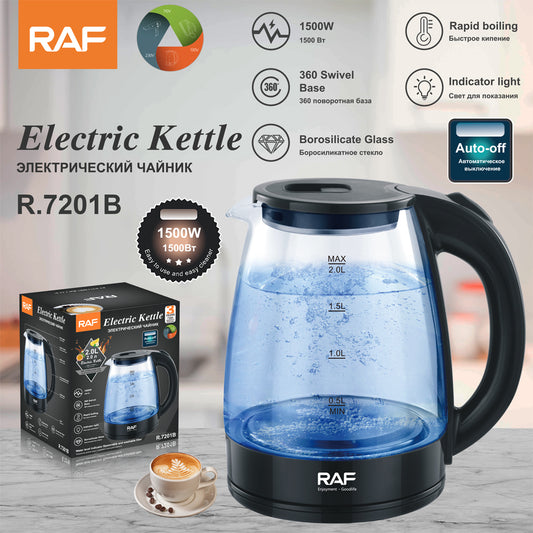 RAF elektrische glazen waterkoker van 2 liter met 1500W vermogen, blauwe LED-verlichting en automatische uitschakeling, geschikt voor snel water koken in huishoudens, getoond naast de productdoos