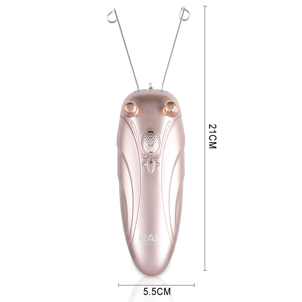 Vooraanzicht van de RAF Epilator met weergegeven afmetingen in centimeters op een witte achtergrond, toont het compacte en ergonomische ontwerp.