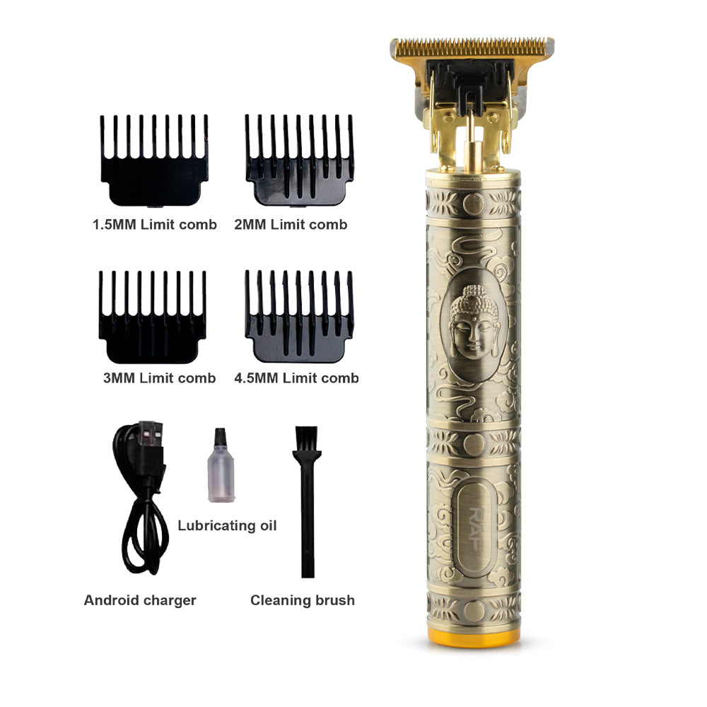 Vooraanzicht van de RAF Professionele Elektrische Tondeuse met alle accessoires, waaronder kammen (1,5 mm, 2 mm, 3 mm, 4,5 mm), Android-oplader, smeerolie en reinigingsborstel, afgebeeld op een witte achtergrond.
