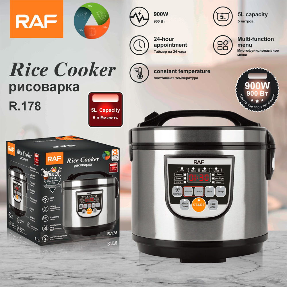 RAF Rijstkoker 5L met 900W vermogen, multifunctioneel bedieningspaneel en verpakking met specificaties zoals automatische warmhoudfunctie en 24-uurs timer