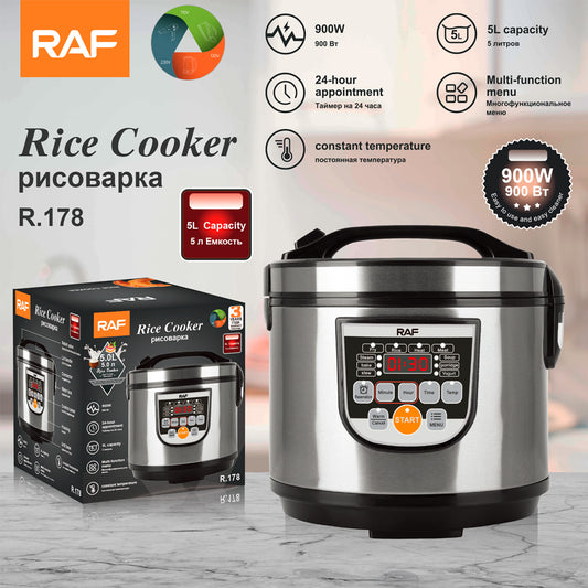RAF Rijstkoker 5L met 900W vermogen, multifunctioneel bedieningspaneel en verpakking met specificaties zoals automatische warmhoudfunctie en 24-uurs timer