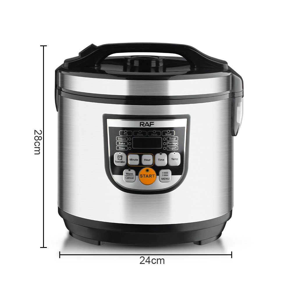 RAF Rijstkoker 5L met afmetingen van 28 cm hoog en 24 cm breed, voorzien van een digitaal bedieningspaneel en automatische warmhoudfunctie