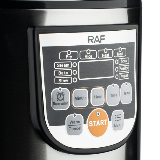 Close-up van het bedieningspaneel van de RAF Rijstkoker 5L, met verschillende kookopties zoals stomen, bakken, rijst koken en warmhoudfunctie