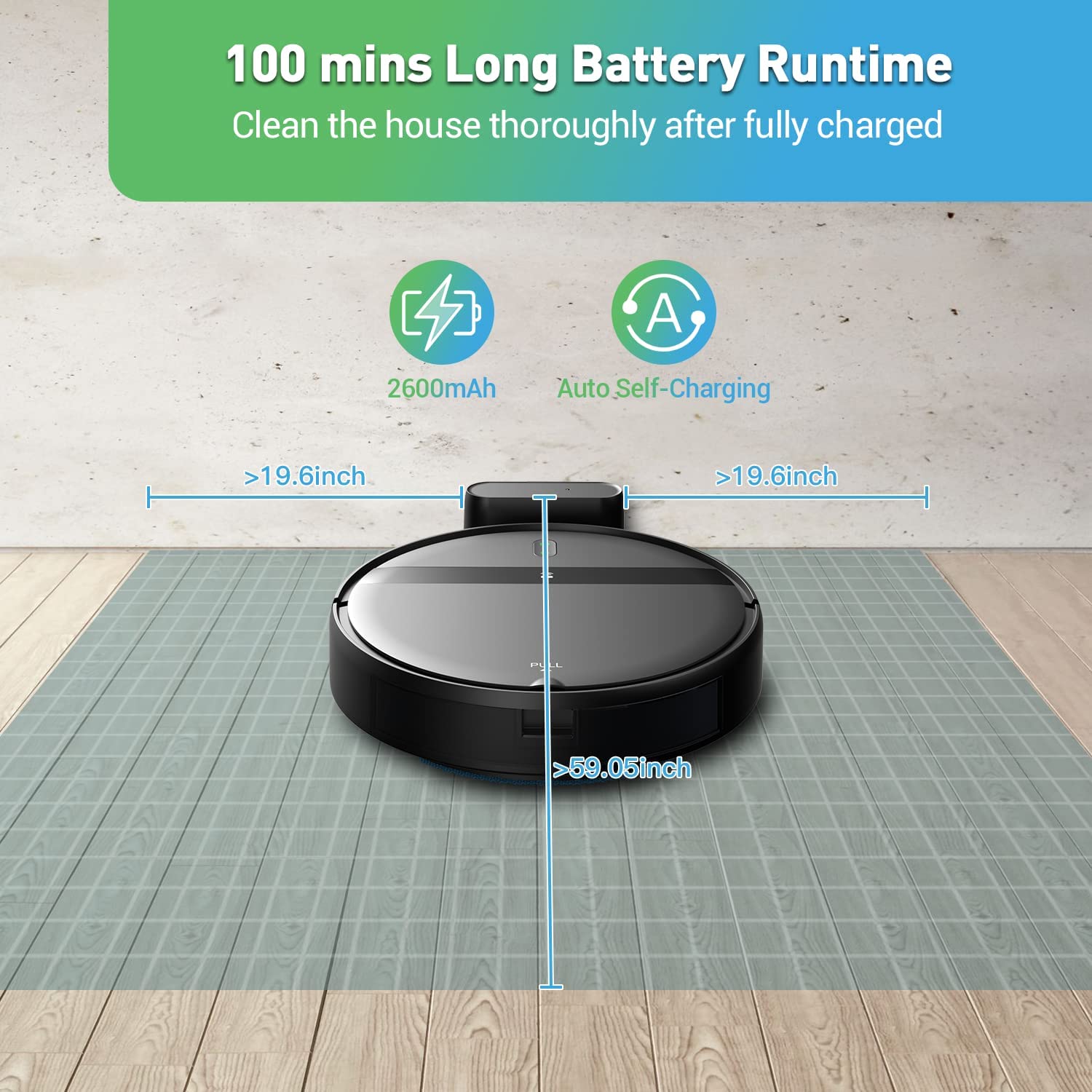 Robotstofzuiger met automatische oplaadfunctie en 100 minuten batterijduur, weergegeven met afmetingen en specificaties van 2600mAh batterij en zelfoplaadmogelijkheden