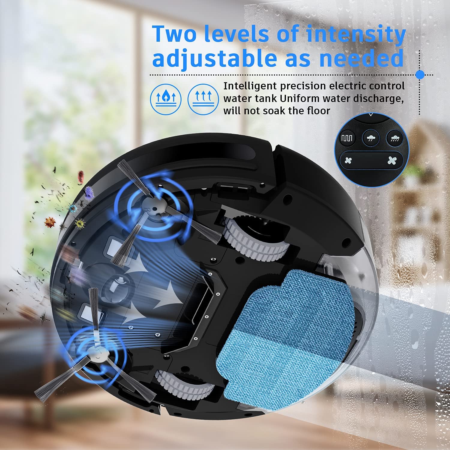 Onderkant van een 2-in-1 robotstofzuiger met blauwe dweilpad en twee schoonmaakborstels, met instelbare intensiteitsniveaus en precieze waterregeling