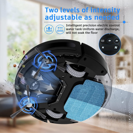 Onderkant van een 2-in-1 robotstofzuiger met blauwe dweilpad en twee schoonmaakborstels, met instelbare intensiteitsniveaus en precieze waterregeling